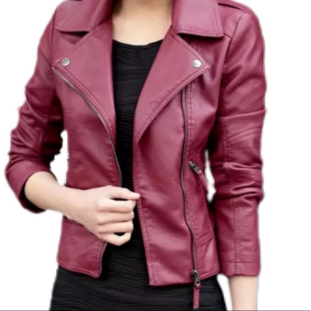 NEW Maroon Deep Red Leather Moto Jacket Boutique (Faux Leather) 🌱 XS/S